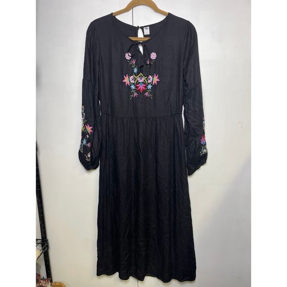 Old Navy Dark Floral Embroidered Midi Dress Sz S Baloon Sleeve Fairy Whimsical - Picture 2 of 15